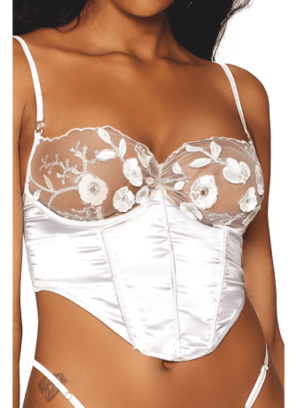 Bustier blanc avec armatures, en satin et dentelle florale - DG13262WHT